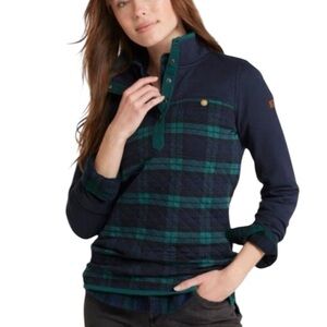 L.L Bean Quilted Pullover Sweatshirt Tunic Navy Green Plaid Cotton Size Med Reg